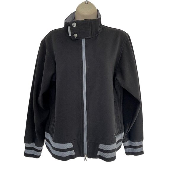 Sims Women's Sz L Black Full Zip Varsity Jacket Gray Striped Ribbed Cuffs & Hem - Picture 1 of 11